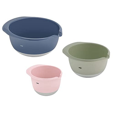 Emsa Prep&Bake 3-teiliges Rührschüssel-Set aus Kunststoff, 1,4 + 2,8 + 4,7 Liter, Rutschfester Boden, Stapelbar, mit praktischem Griffrand, K324S334, Rosa/Grün/Blau im Sale